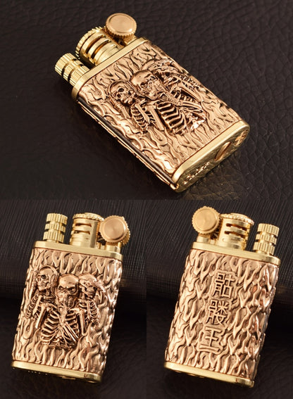 Kerosene Lighter 2-in-1 Permanent Match Flint Wheel Refillable, Golden Windproof Pocket Lighter with Built-In Match Strike