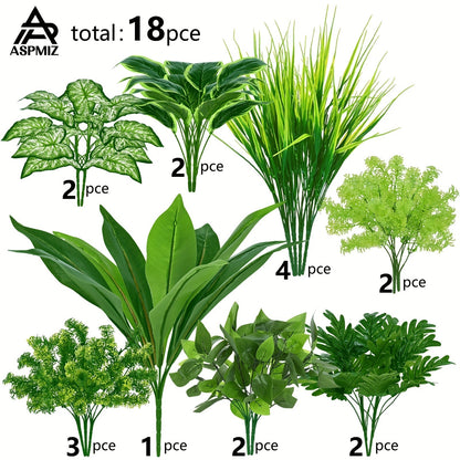 Artificial Boxwood and Greenery Stems, 18-Piece Mixed Set in 11.8 to 17.7-Inch Heights without Planter