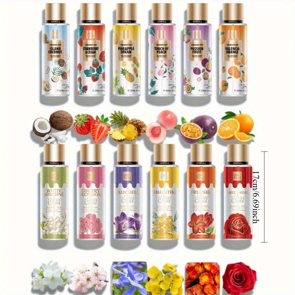 Floral Fruity Eau de Toilette Body Spray for Women 8.4oz – Long-Lasting Hair & Body Mist, 13 Scents Colorful Bottle
