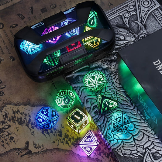 RGB LED DND Dice Set Rechargeable 7pcs, Illuminated Polyhedral Dice with Type-C Charging Case for D&D RPG Tabletop Games
