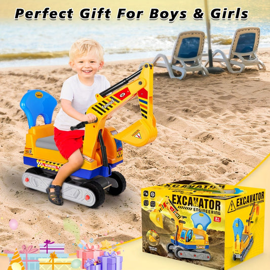 Kids Ride On Excavator Toy Large Beach Sand Digger with Working Scoop Arm, Outdoor Engineering Construction Toy for Toddlers Ages 2-6