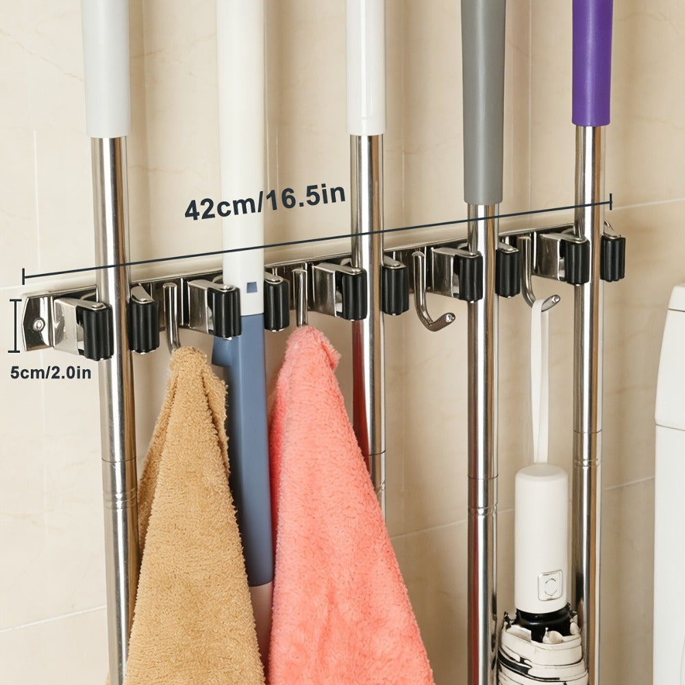 Mop and Broom Holder Wall Mount, Stainless Steel Self Adhesive Rack with 5 Slots & 4 Hooks