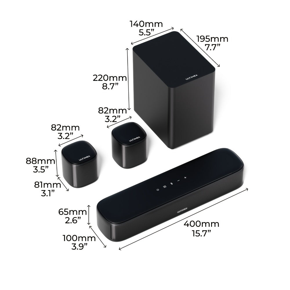 5.1 Surround Sound Bar System with Wired Subwoofer 2 Surround Speakers App Control for Bedside Audio, Alarms and Room Entertainment