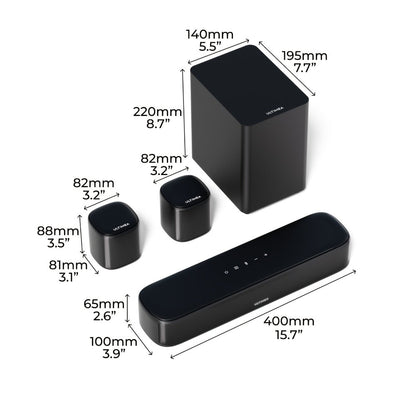 5.1 Surround Sound Bar System with Wired Subwoofer 2 Surround Speakers App Control for Bedside Audio, Alarms and Room Entertainment