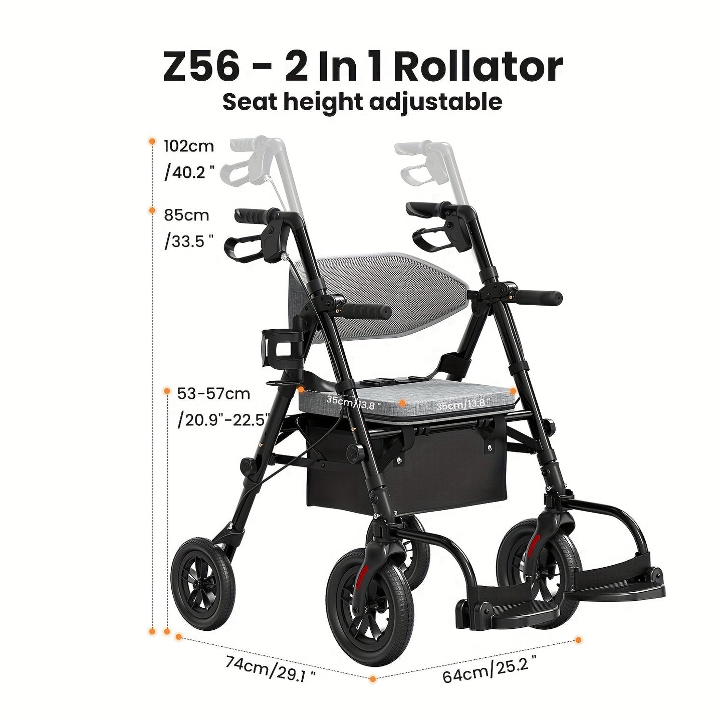 Rollator Walker for Seniors Foldable with 8-Inch Big Wheels, Durable Aluminum Rolling Walker with Backrest & Dual Adjustable Height