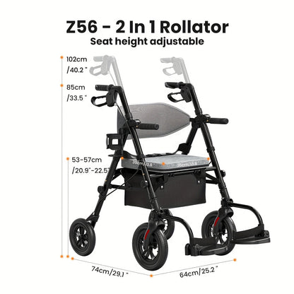 Rollator Walker for Seniors Foldable with 8-Inch Big Wheels, Durable Aluminum Rolling Walker with Backrest & Dual Adjustable Height