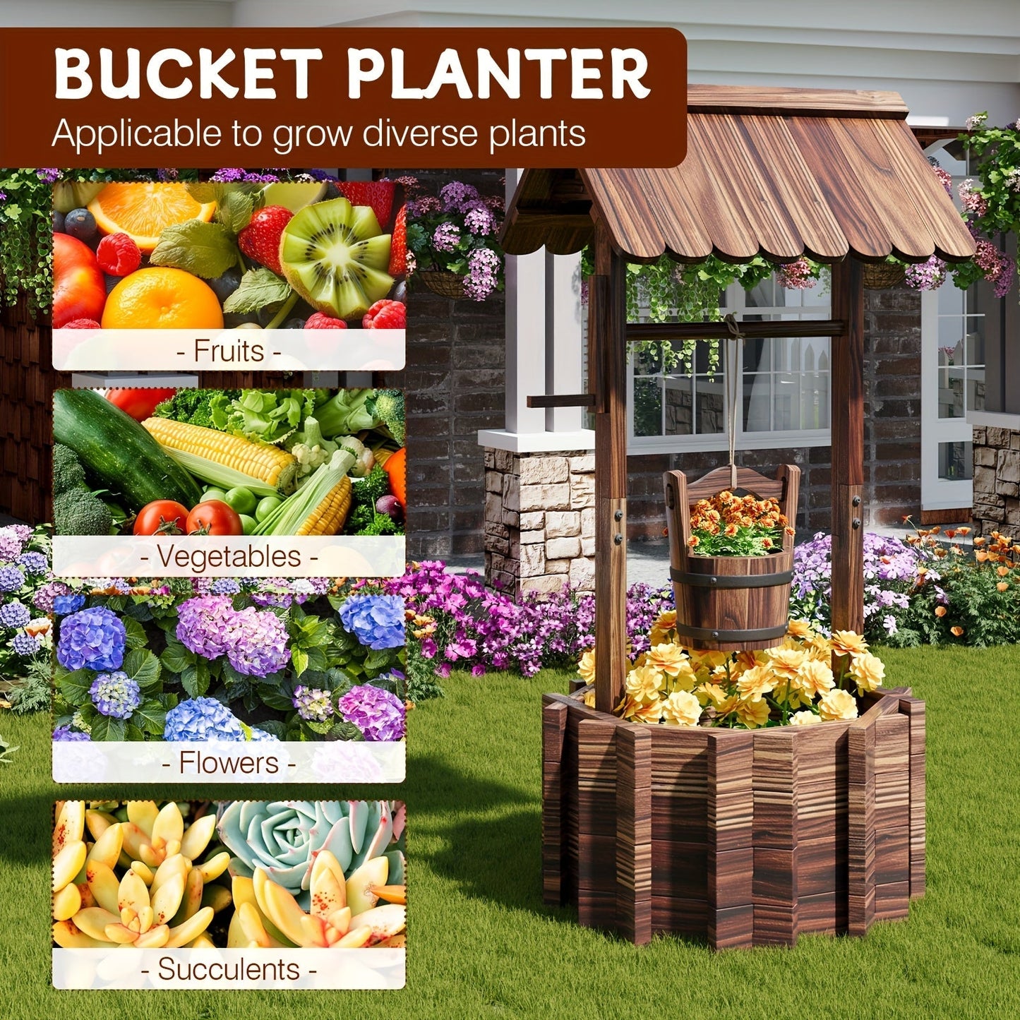 Wishing Well Planter Outdoor Wooden Rustic Garden Decor with Hanging Bucket Barrel Style for Patio Lawn Yard