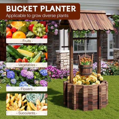 Wishing Well Planter Outdoor Wooden Rustic Garden Decor with Hanging Bucket Barrel Style for Patio Lawn Yard
