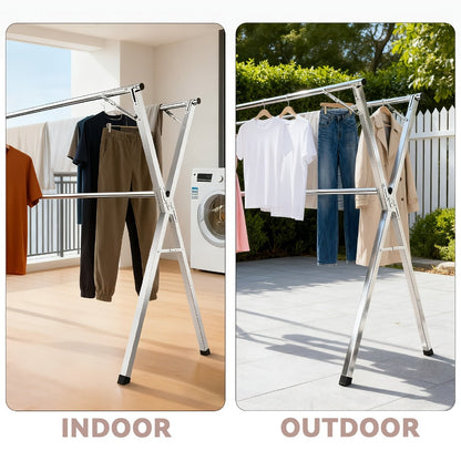 Folding A-Frame Clothes Drying Rack with Telescopic Rods, Wheels, Hooks and Four 62.9-94.4-Inch Layouts