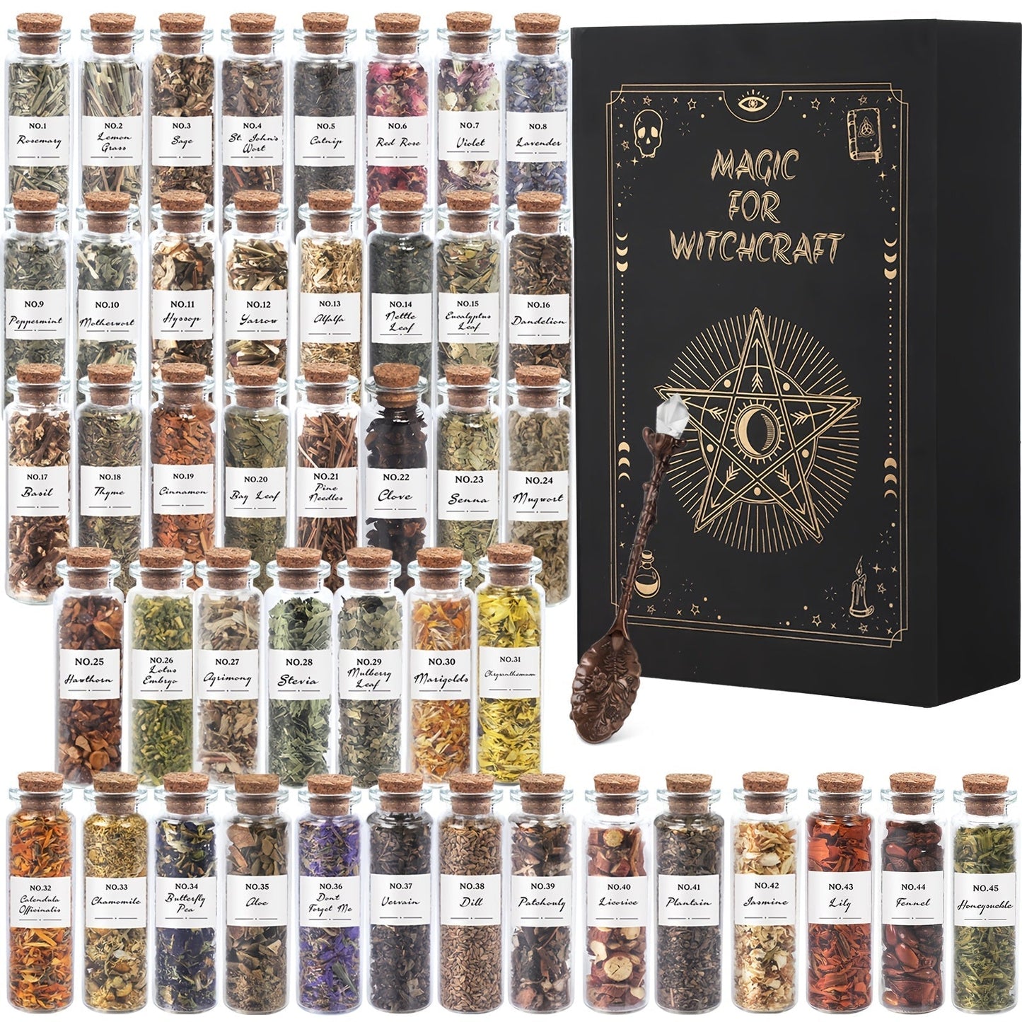 Dried Herbs Kit 45 Bottles with Crystal Spoon, Altar Supplies Herb Set for Wicca, Pagan Magic, Incense Spells & Bath Rituals