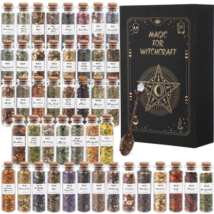 Dried Herbs Kit 45 Bottles with Crystal Spoon, Altar Supplies Herb Set for Wicca, Pagan Magic, Incense Spells & Bath Rituals