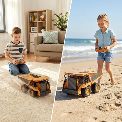 RC Construction Truck Toy 1:24 Scale Alloy Bulldozer Dump Truck & Excavator, 11-Channel Remote Control with Forward