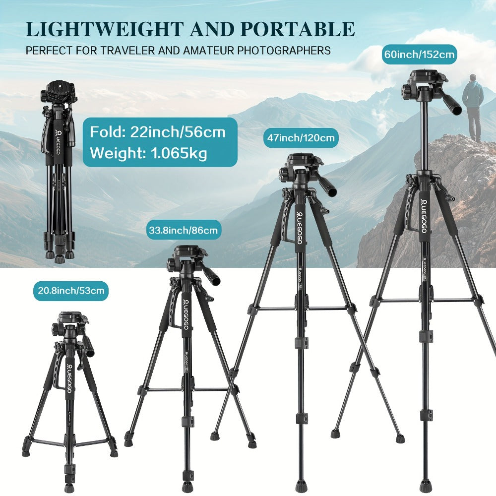 60-Inch Camera Tripod in Black with Pan-and-Tilt Head, Quick-Release Plate, Phone Holder and Storage Bag
