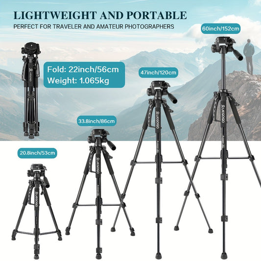 60-Inch Camera Tripod in Black with Pan-and-Tilt Head, Quick-Release Plate, Phone Holder and Storage Bag