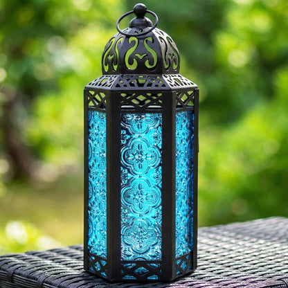Moroccan Candle Lantern Holder - Decorative Metal & Glass Lantern with Embossed Floral Design for Indoor Home Decor