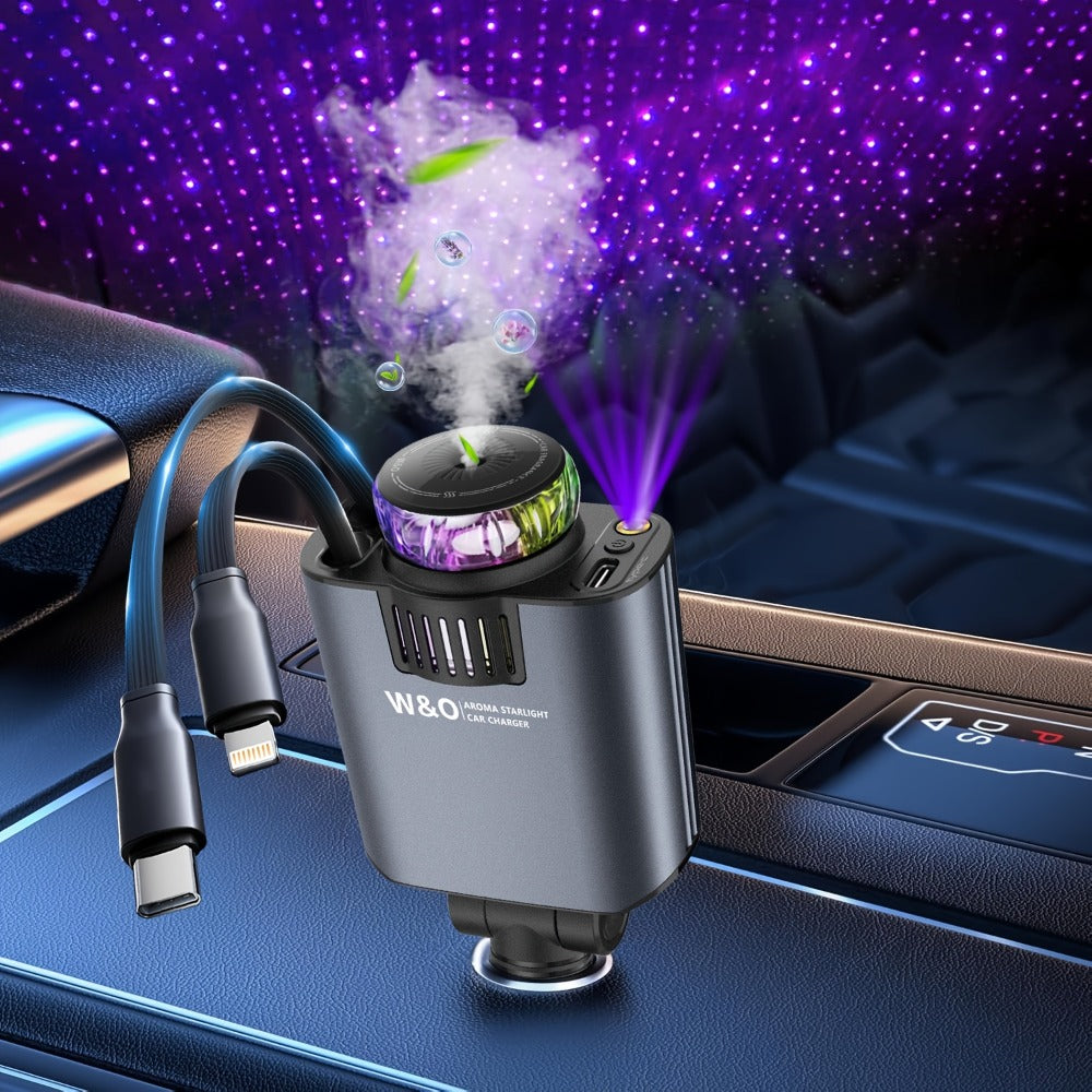 3-in-1 Car Charger Starlight Projector & Aroma Diffuser USB-C Port 2.6ft Retractable Cable Fast Charging Car Phone Charger with Blue Red