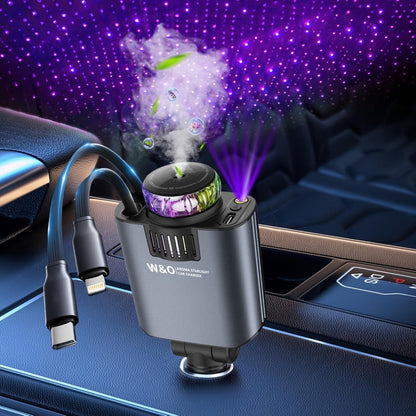 3-in-1 Car Charger Starlight Projector & Aroma Diffuser USB-C Port 2.6ft Retractable Cable Fast Charging Car Phone Charger with Blue Red