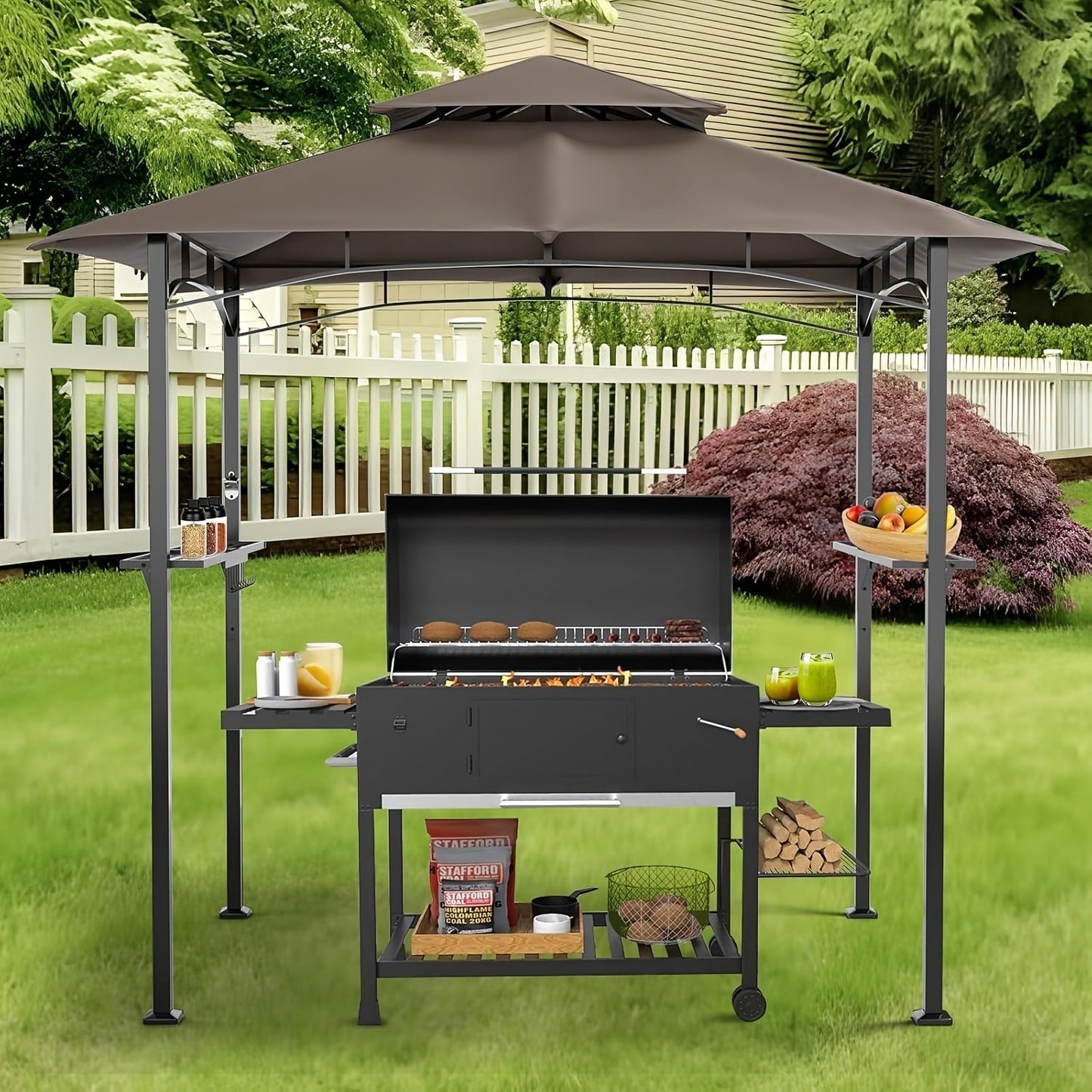 Grill Gazebo 8x5ft Double Tiered BBQ Canopy 8 Hooks Backyard Poolside for Grilling, Camping and Outdoor Meals