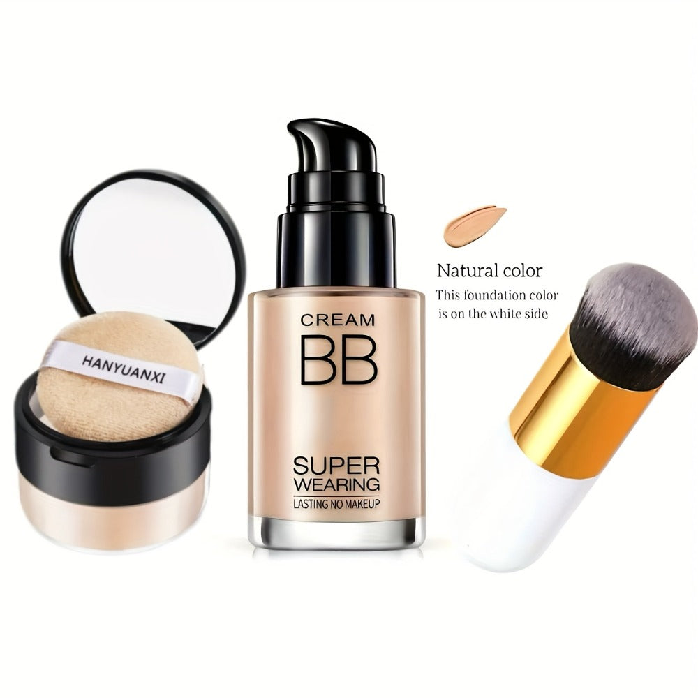 BB Cream Foundation & Setting Powder Set – Waterproof Matte Oil Control with Brush & Powder Puff, Long-Lasting Smooth Formula