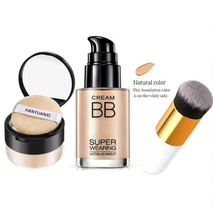 BB Cream Foundation & Setting Powder Set – Waterproof Matte Oil Control with Brush & Powder Puff, Long-Lasting Smooth Formula