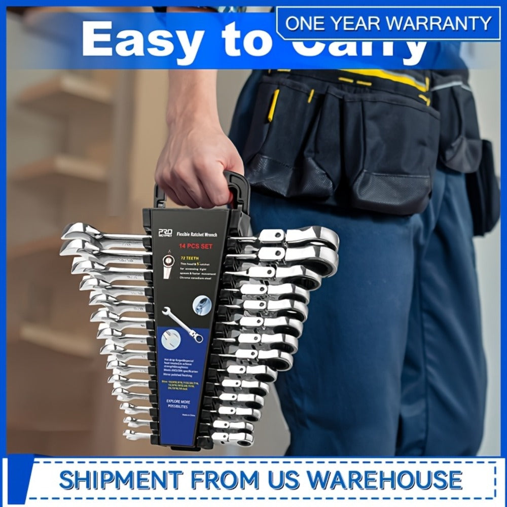 Flex Head Ratcheting Wrench Set SAE 14-Piece – 1/4" to 7/8" Chrome Vanadium Steel 72-Tooth 180° Flex Head with Organizer Rack for Auto