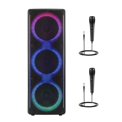 Triple 8-Inch Subwoofer PA Party Speaker with Wireless Stereo Pairing, LED Color Lights, FM Radio