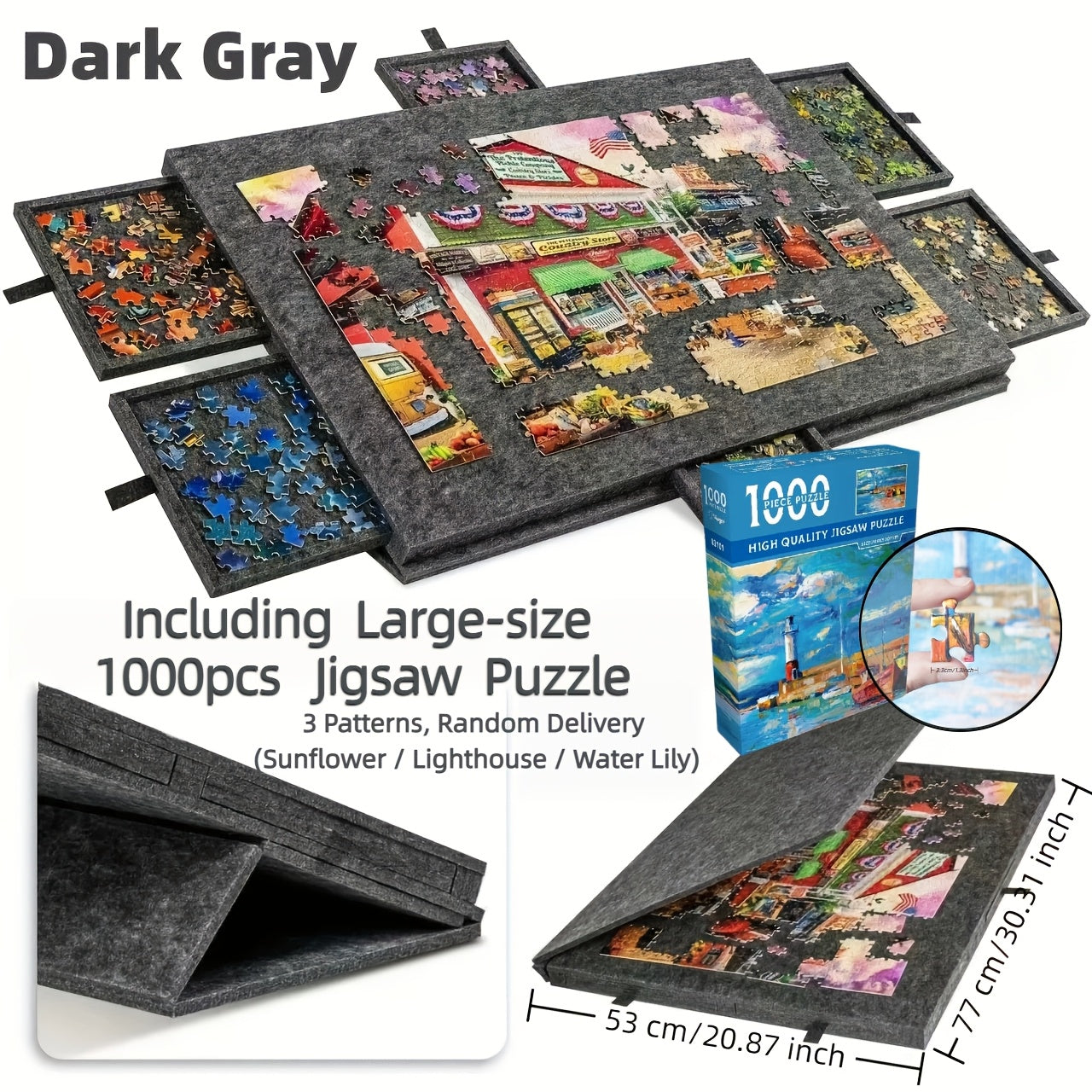 Portable Puzzle Board with Anti-Slip Surface, Fits 1000 & 1500 Piece Puzzles, Jigsaw Puzzle Table for Storage & Family Game Night