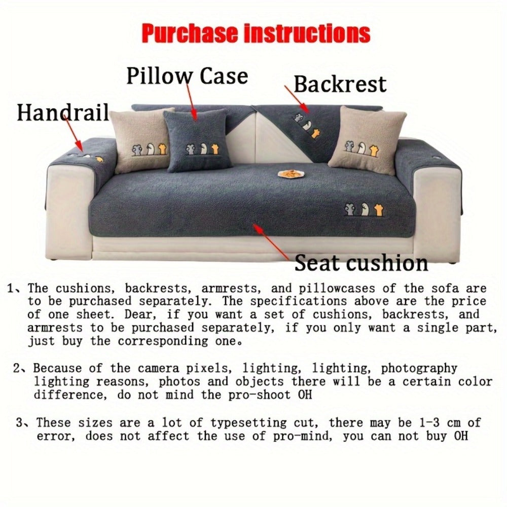 Sofa Cover Thick Plush Shearling Panels with Animal and Bone Embroidery and Backing Detail for 2 to 4 Seats