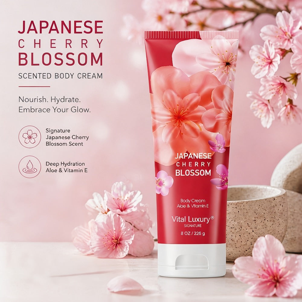 Japanese Cherry Blossom Body Lotion in 8 fl oz Squeeze Tube with Vitamin E and Glycerin Labels