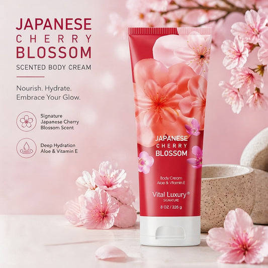 Japanese Cherry Blossom Body Lotion in 8 fl oz Squeeze Tube with Vitamin E and Glycerin Labels