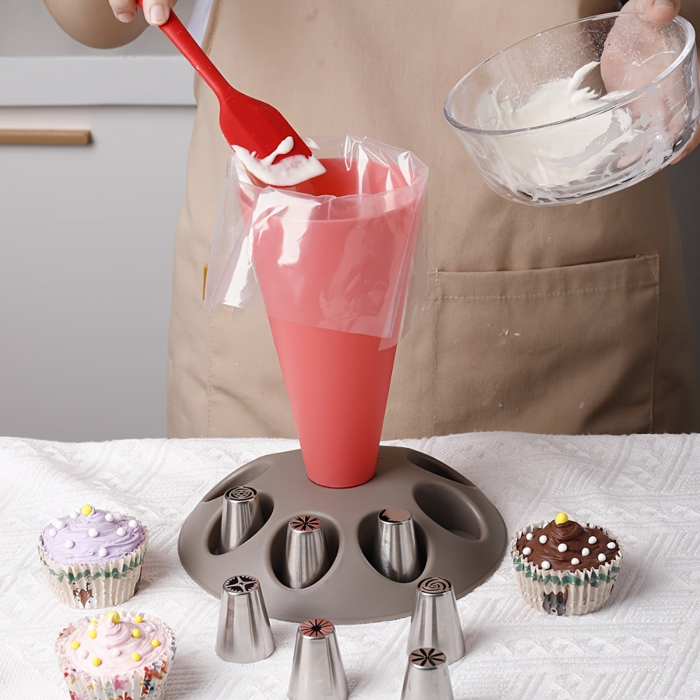 Piping Bag Holder Set 17pcs, Multi-Bag Icing Stand with Various Nozzle Tips for Cake Decorating, Cupcake Frosting, Cookie Decorating