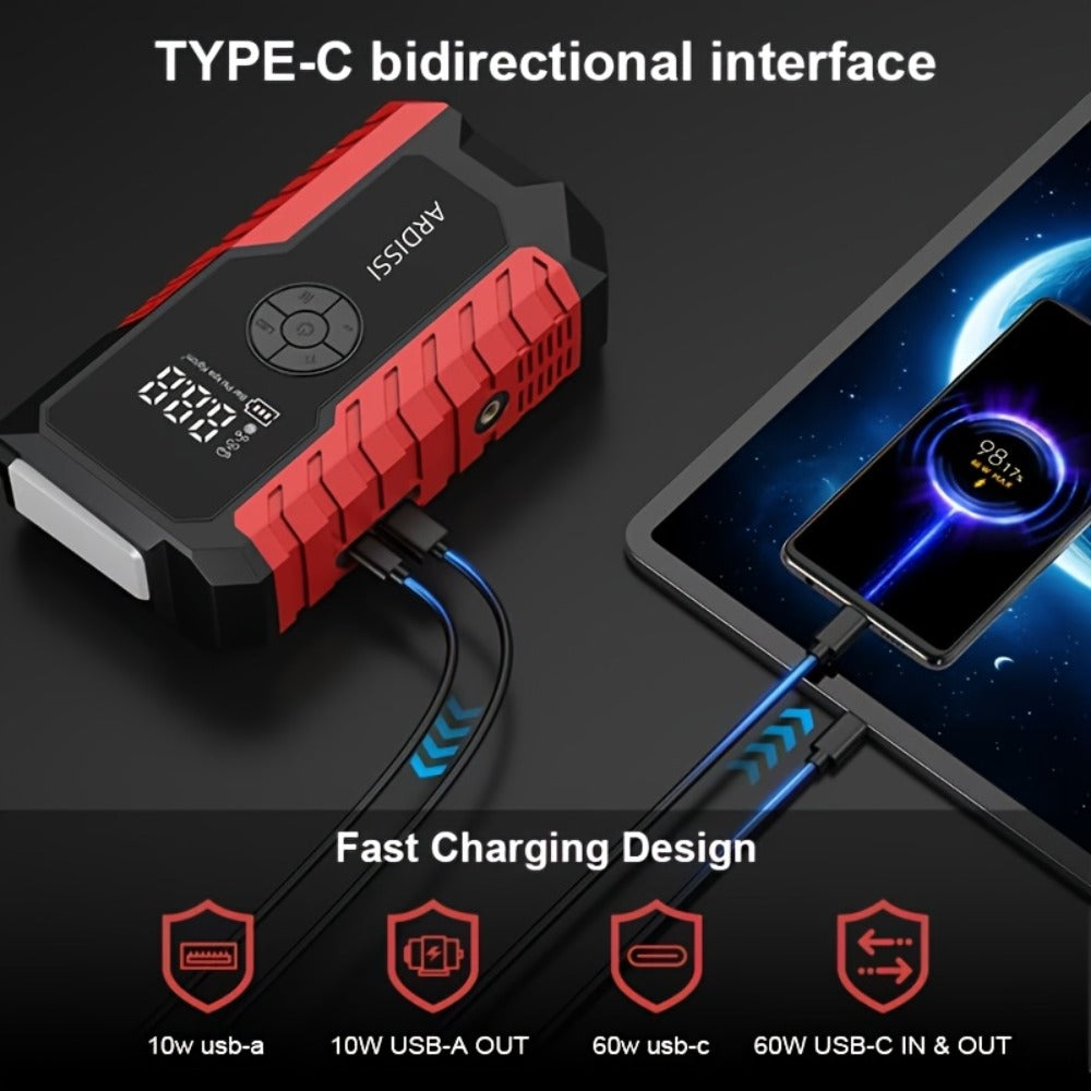 Car Jump Starter 10000A with 150PSI Tire Inflator – 7-in-1 Emergency Battery Booster Pack, 5000A Peak, 10000mAh Power Bank, LED Light