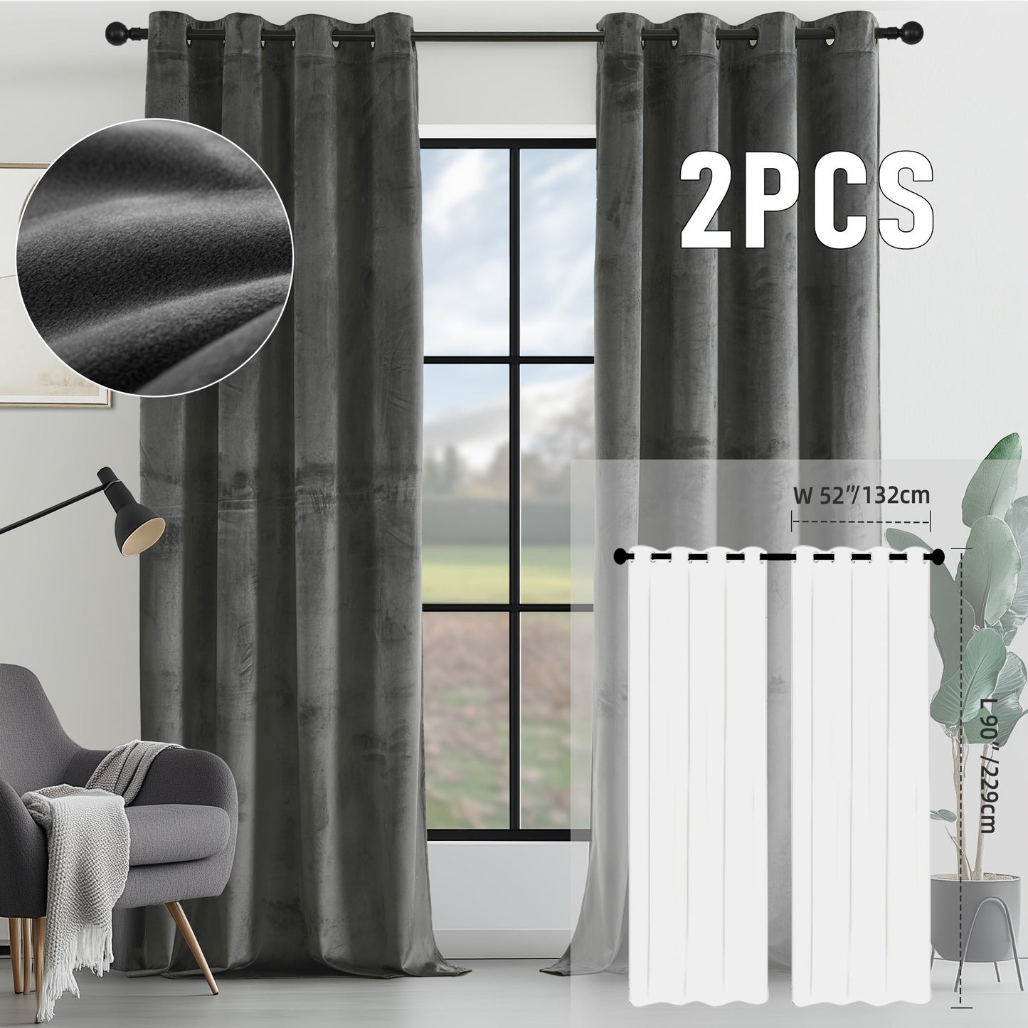 Velvet Room Darkening Curtains 2 Panels, Grommet Top Thermal Insulated Soundproof Blackout Curtains for Living Room Bedroom