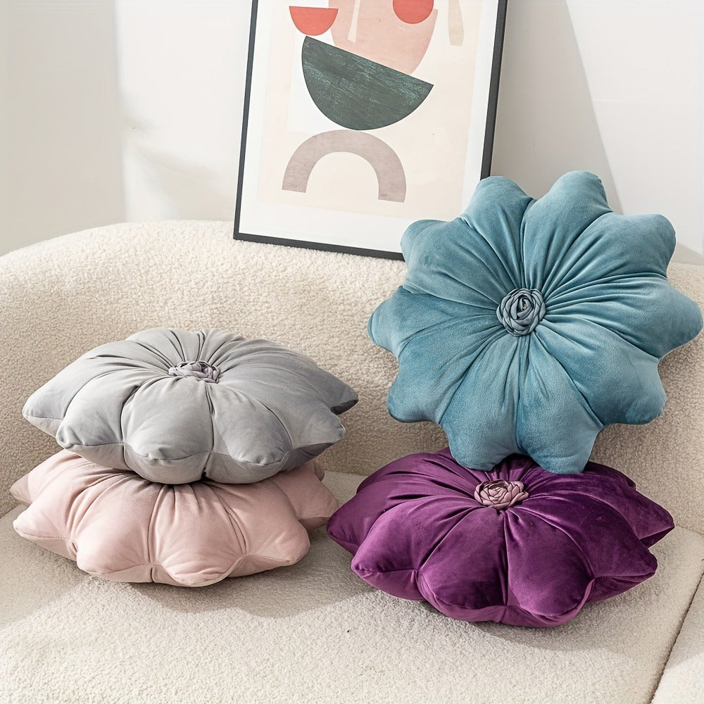 Velvet Flower Shaped Throw Pillow with Pillow Core Elegant Round Cushion Luxury Floral Pillow for Entryways, Bedrooms and Living Spaces