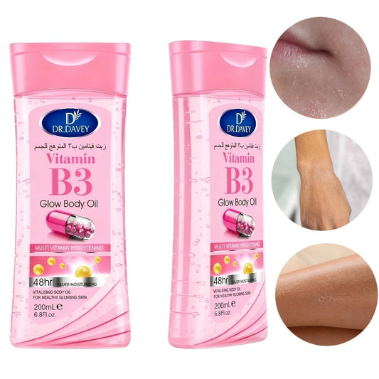 Vitamin B3 Body Oil, Two-Piece Set of 200ml Flip-Top Bottles with Coordinated Pink Niacinamide Labels