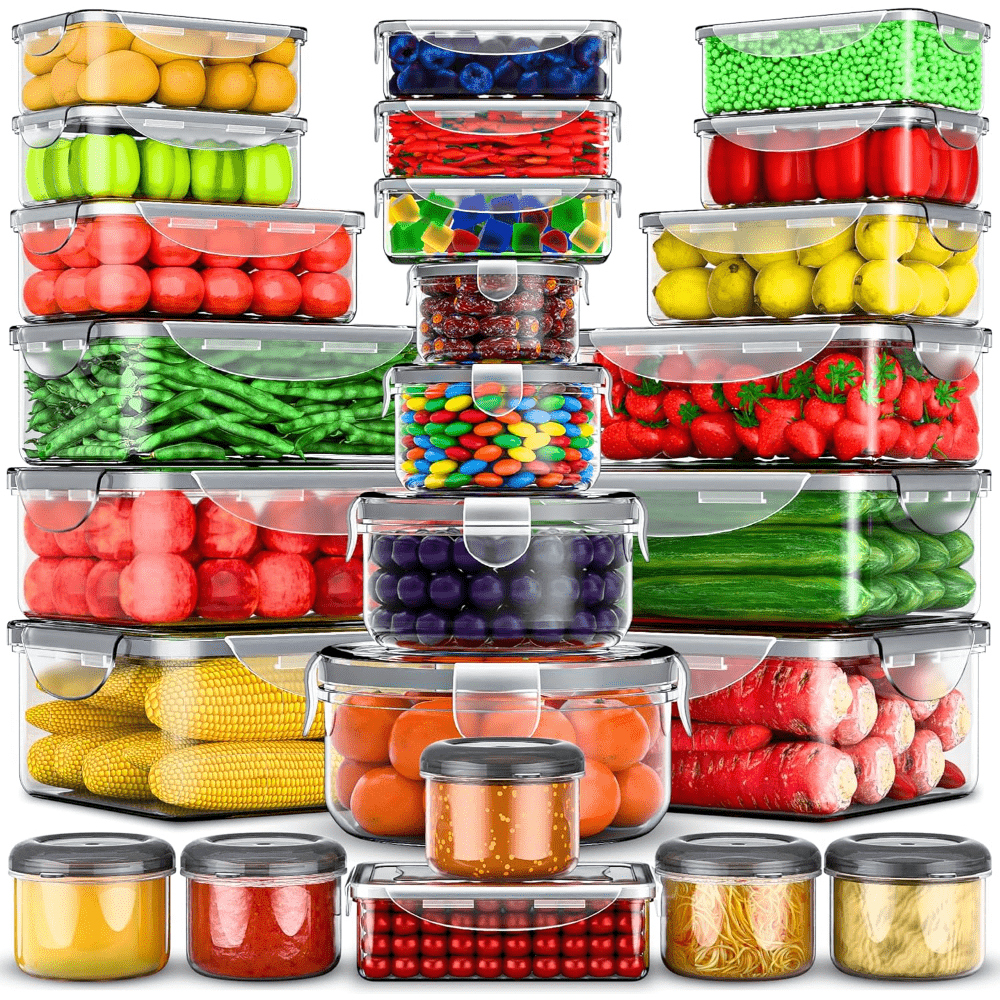 Meal Prep Box Food Storage Organizer with Stackable Lidded Plastic Sets in Three Piece Counts