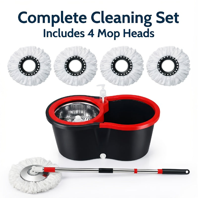 Spin Mop and Bucket Set 360° with 4 Microfiber Mop Heads – Wringer Bucket Floor Cleaning Kit for Hardwood Tile Laminate