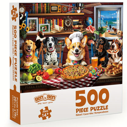 Dogs Dinner Party Jigsaw Puzzle 500 & 1000 Pieces for Adults – Funny Dog Art Puzzle with Letters on Back & Reference Poster