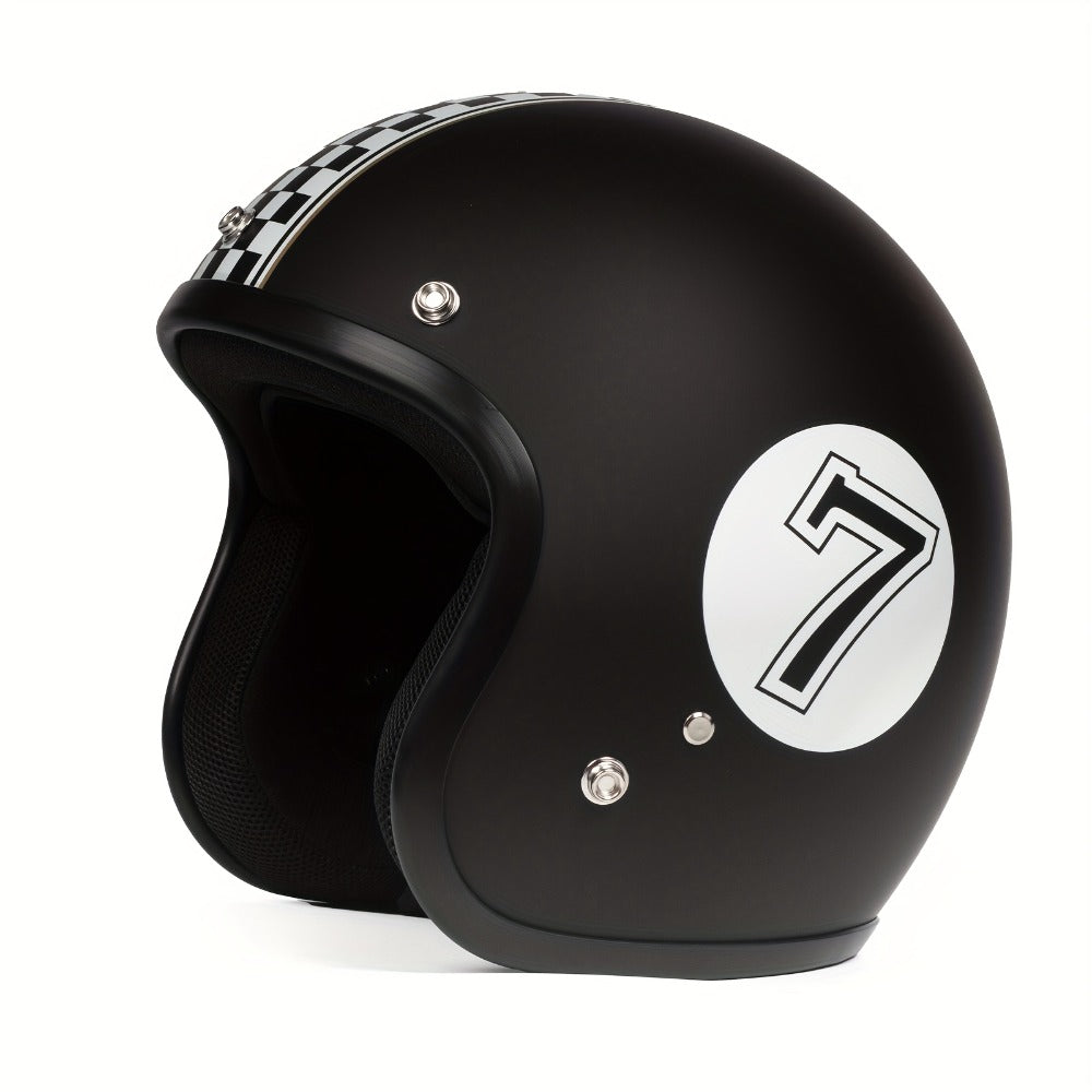 Motorcycle Helmet 3/4 Open-Face Design in Six Graphic Styles, S-XL Sizes with Front Snap Hardware and Padded Liner