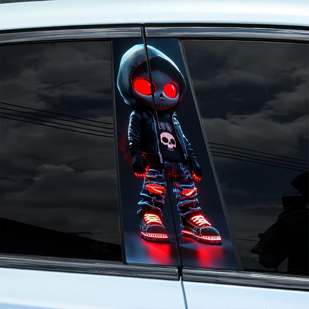 Pair of Red-Eyed Skull Character Car Decals, 19.7 x 9.8 Inch Each, for Smooth Exterior or Window Surfaces