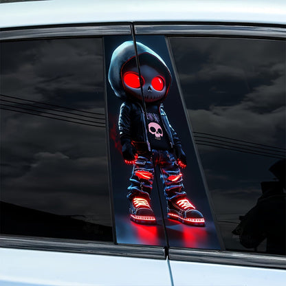 Pair of Red-Eyed Skull Character Car Decals, 19.7 x 9.8 Inch Each, for Smooth Exterior or Window Surfaces