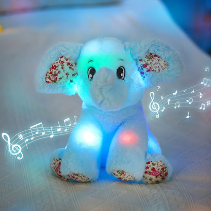 Plush Toy Blue Elephant with LED Glow and Optional Lullaby Music for Soft Room Display and Gifting