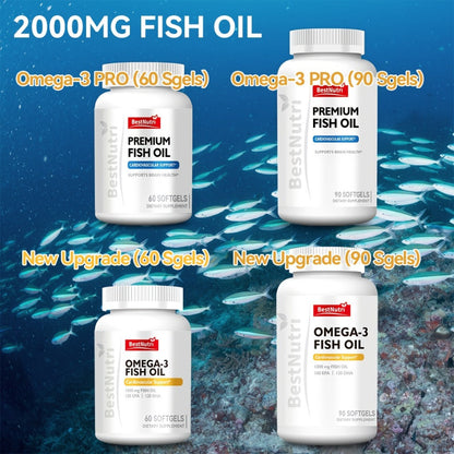 Omega-3 Fish Oil 2000mg Softgels with EPA & DHA, Cold-Extracted CGMP, Brain Vitality Heart Health Anti-Inflammatory Support