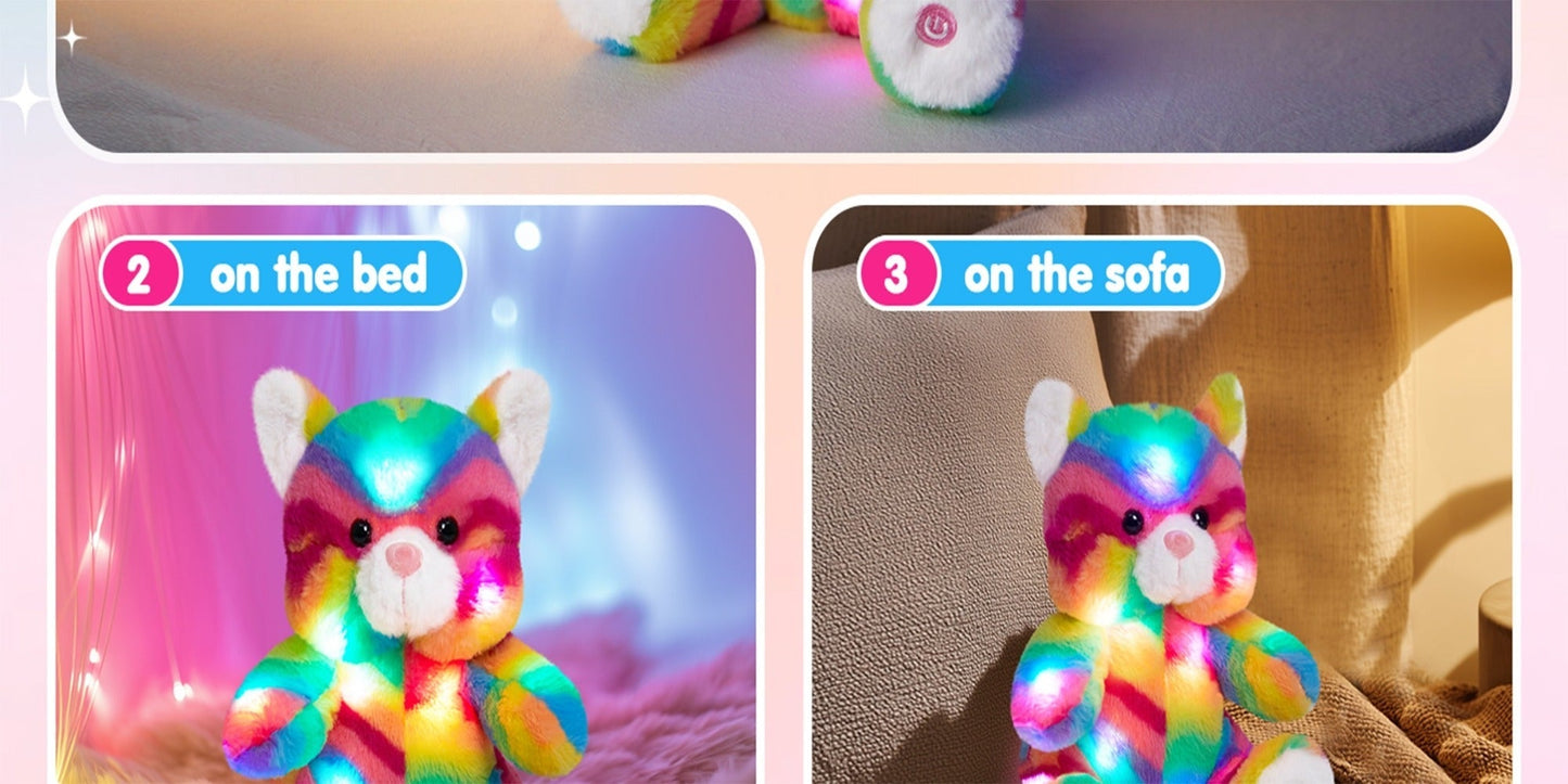 Plush Toy Rainbow Cat with Glowing Color Points and Music for Bright Interactive Display for Character Display, Room Decor and Gift
