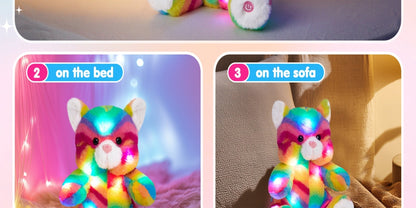 Plush Toy Rainbow Cat with Glowing Color Points and Music for Bright Interactive Display for Character Display, Room Decor and Gift
