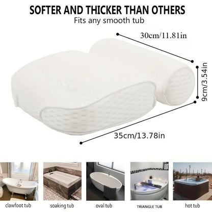 Bath Pillow 4D Grid Neck and Back Support Bathtub Cushion with 6 Suction Cups, Hooks, Quick-Dry & Machine Washable Spa Pillow for Tub