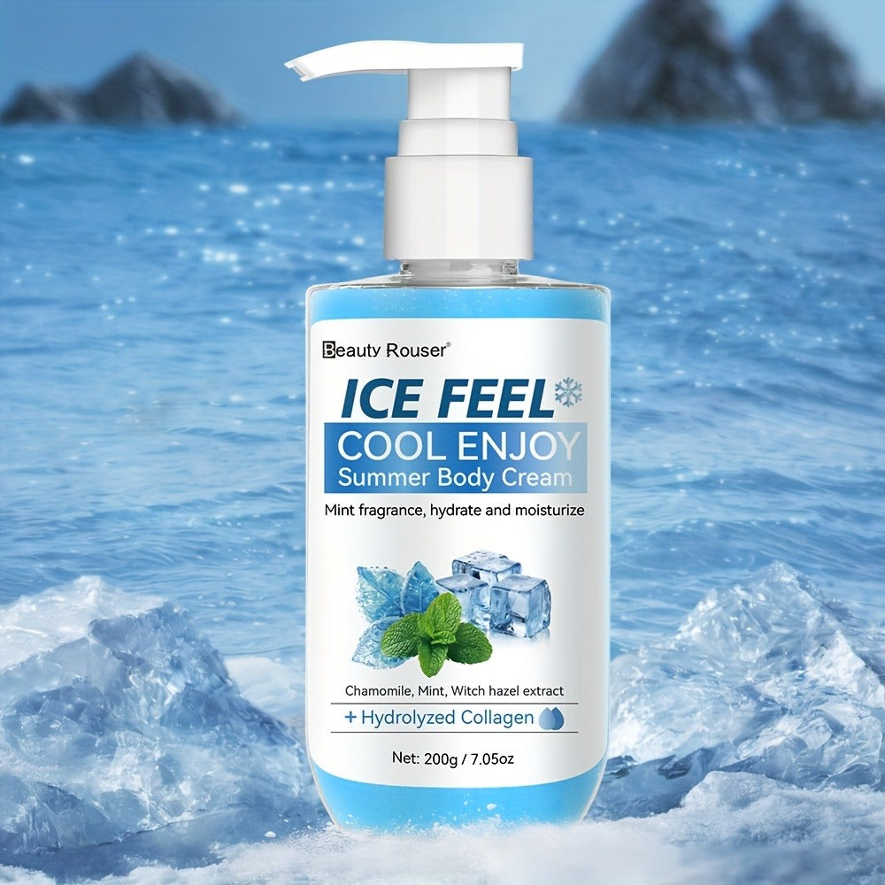 Body Cream Beauty Rouser ICE FEEL 200g Pump with Mint Chamomile Witch Hazel and Collagen Package Callouts