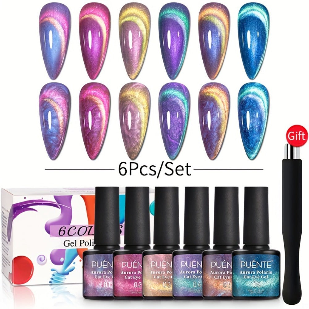 Gel Nail Polish 6-Piece 9D Aurora Magnetic Cat-Eye Set with Pearl-Shell Glitter Effect and UV/LED Soak-Off Cure