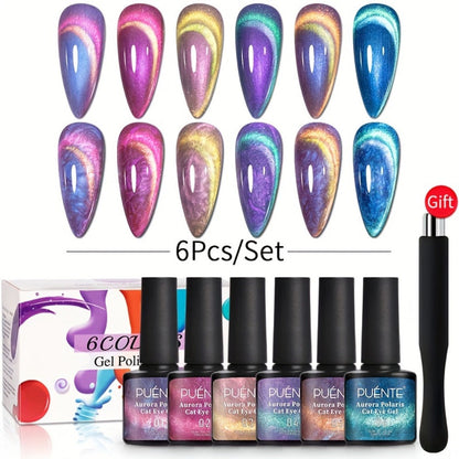Gel Nail Polish 6-Piece 9D Aurora Magnetic Cat-Eye Set with Pearl-Shell Glitter Effect and UV/LED Soak-Off Cure
