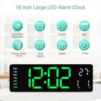 Large Digital Wall Clock 16 Inch LED Color Display, Smart Auto-Dimming 10-Level Brightness, Time Temperature Humidity Monitor